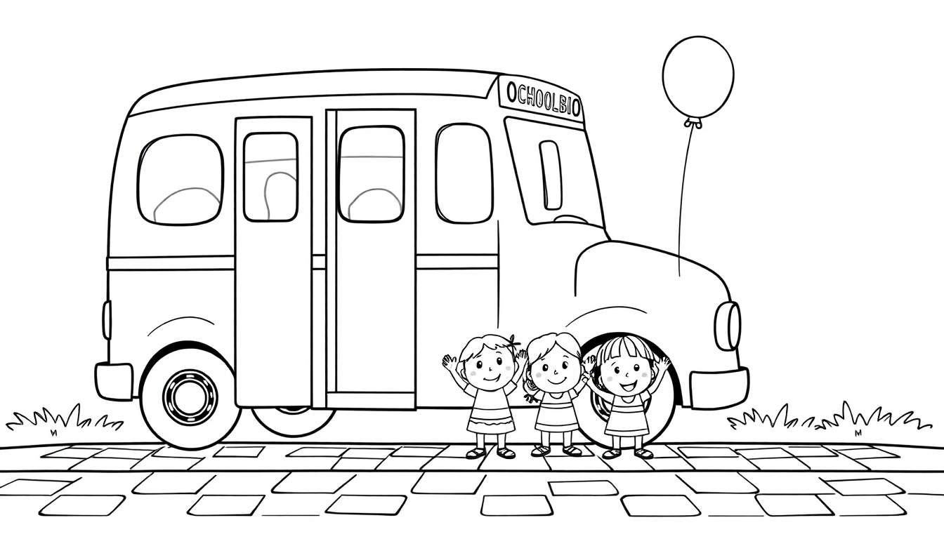 Placa de color de un autobús escolar con niñas saludando.
