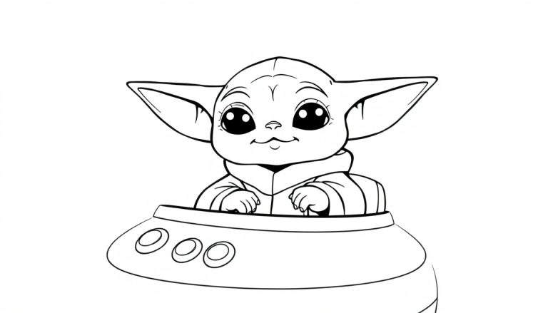 Placa de color de Baby Yoda en una nave espacial.