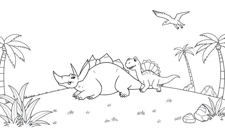 Un dibujo lineal en blanco y negro de dos dinosaurios sonrientes con placas dorsales, uno grande y otro pequeño, tumbados en la hierba junto a palmeras, con un pterodáctilo volando en el cielo. Perfecto para colorear y añadir tu propia placa de color.