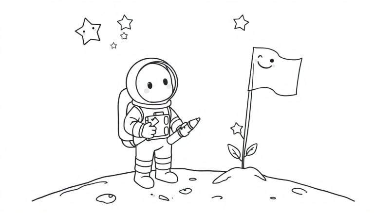 Un astronauta de dibujos animados escribiendo en la luna, con una placa de color visible.
