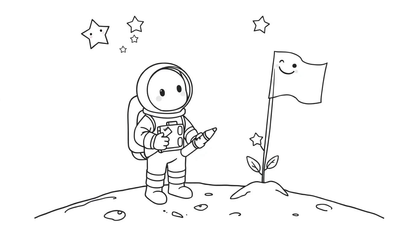 Un astronauta de dibujos animados escribiendo en la luna, con una placa de color visible.