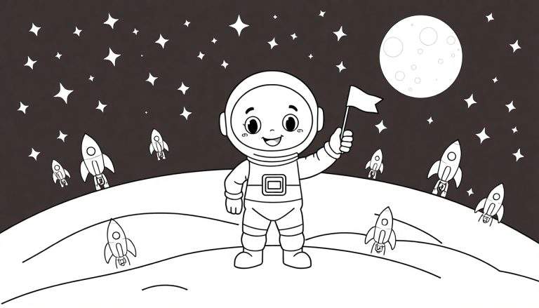 Astronauta feliz en la Luna con bandera, cohetes y estrellas. Placa de color para colorear.