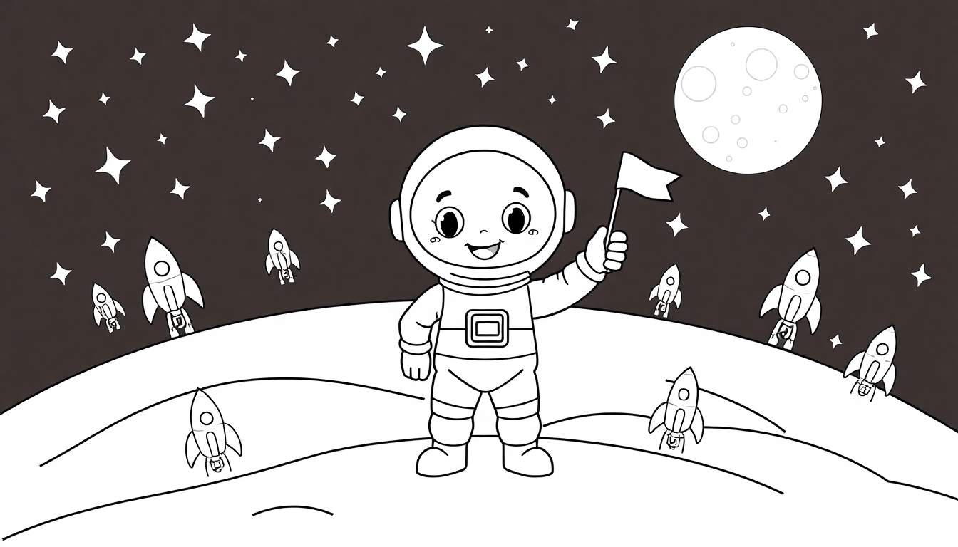 Astronauta feliz en la Luna con bandera, cohetes y estrellas. Placa de color para colorear.