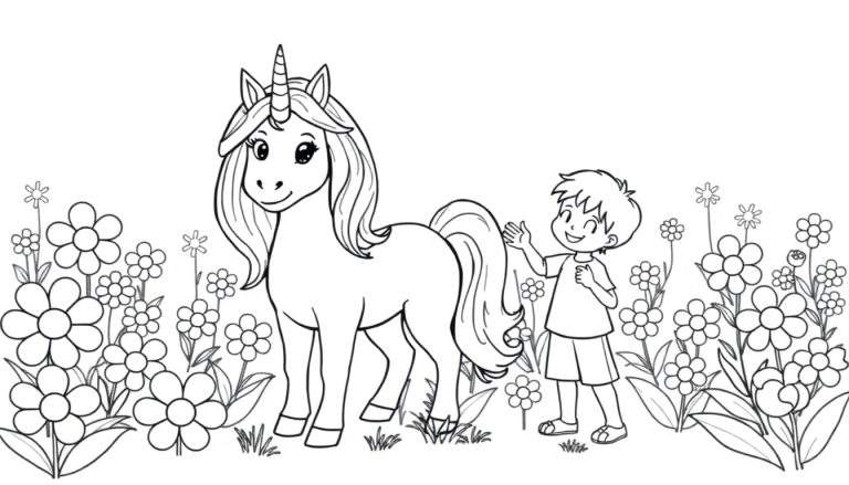 Placa de color de un niño acariciando a un unicornio en un campo de flores.