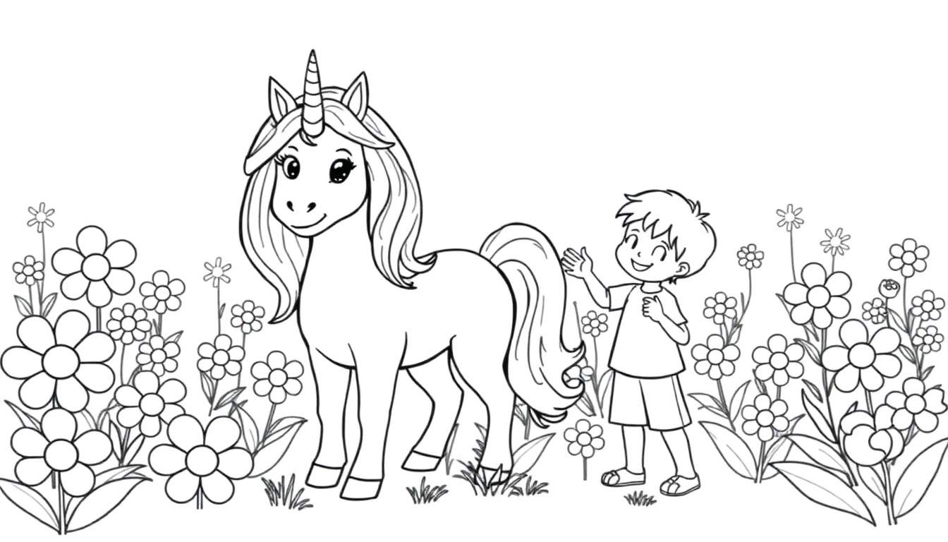 Placa de color de un niño acariciando a un unicornio en un campo de flores.
