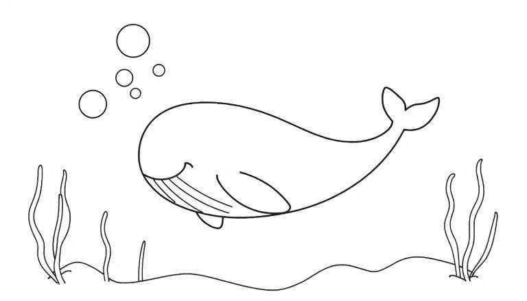 Placa de color de una ballena amigable nadando en el océano, con burbujas y algas.