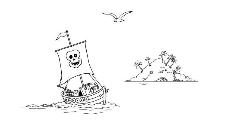 Una placa de color de un barco pirata con una calavera en la vela navegando hacia una isla, con un pájaro observando desde arriba.