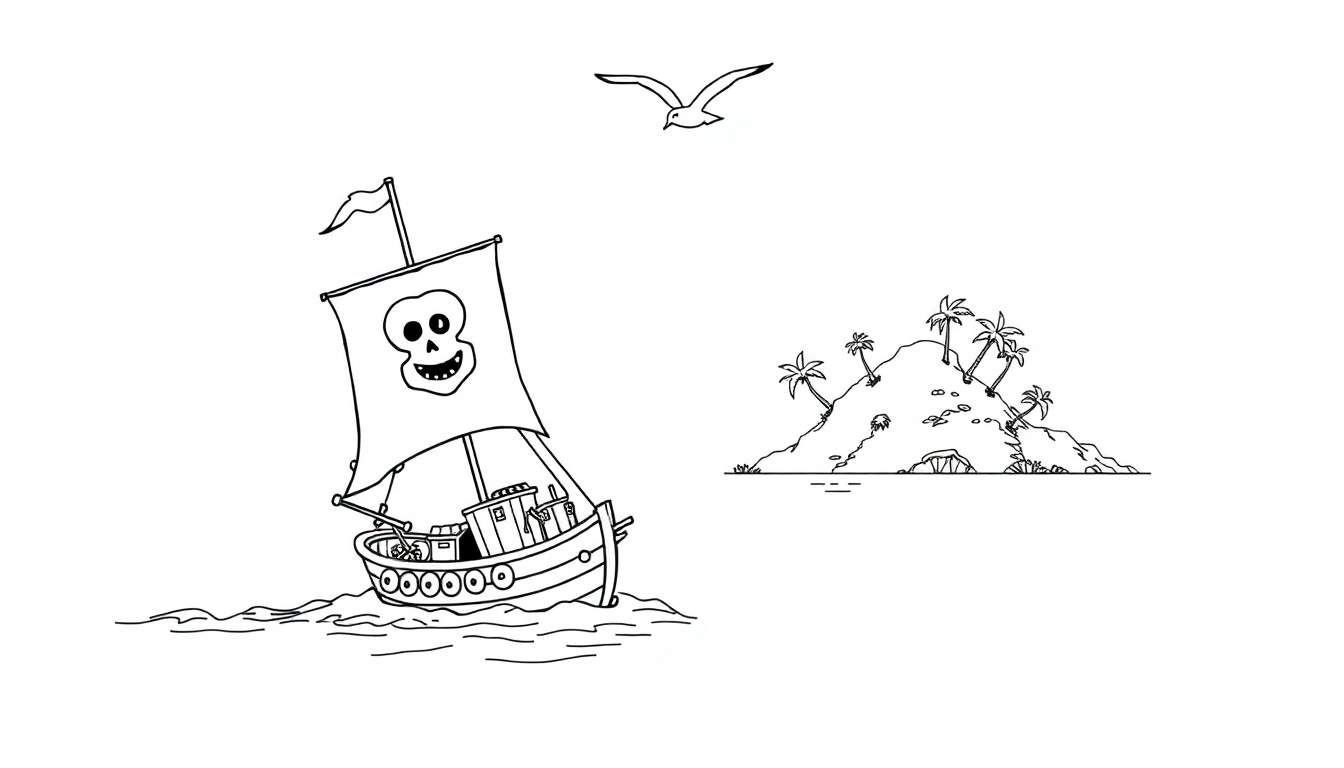 Una placa de color de un barco pirata con una calavera en la vela navegando hacia una isla, con un pájaro observando desde arriba.