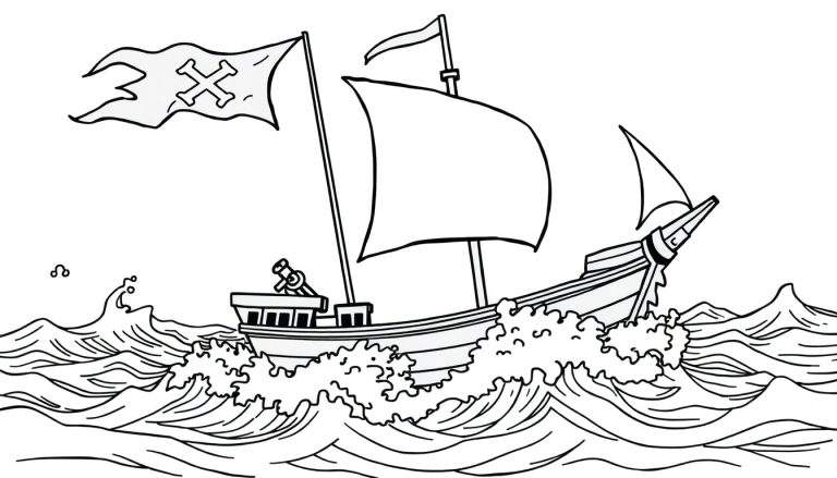 Un barco pirata con tres mástiles y una bandera de calavera, navegando en un mar lleno de olas grandes, listo para colorear en una placa de color.