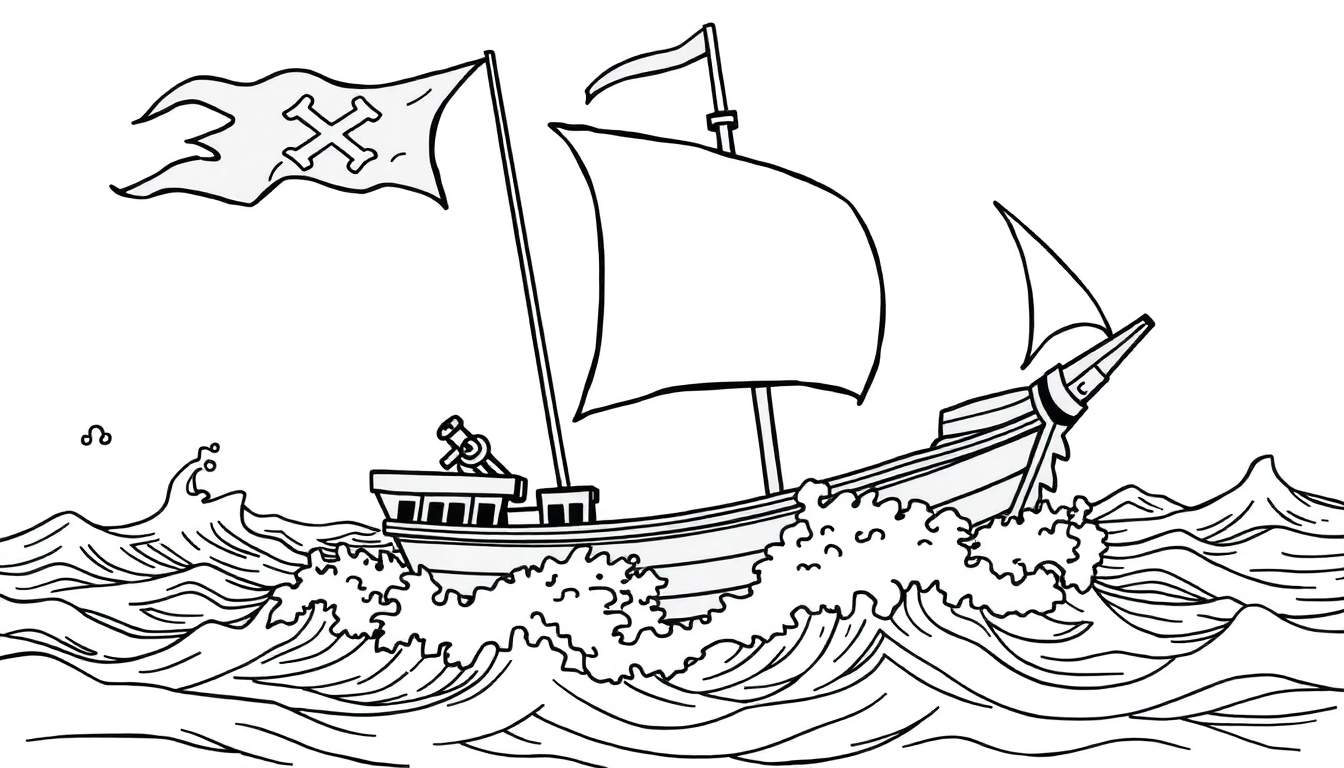 Un barco pirata con tres mástiles y una bandera de calavera, navegando en un mar lleno de olas grandes, listo para colorear en una placa de color.
