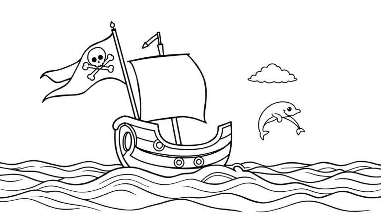 Un barco pirata para colorear con una bandera de calavera y un delfín saltando.