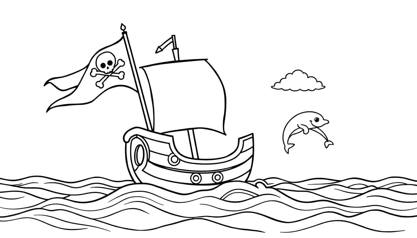 Un barco pirata para colorear con una bandera de calavera y un delfín saltando.