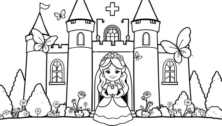 Una página para colorear de una princesa con un vestido largo y una corona, de pie frente a un castillo de cuento de hadas con torres puntiagudas y mariposas. Placa de color.