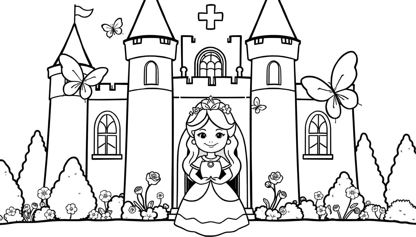 Una página para colorear de una princesa con un vestido largo y una corona, de pie frente a un castillo de cuento de hadas con torres puntiagudas y mariposas. Placa de color.