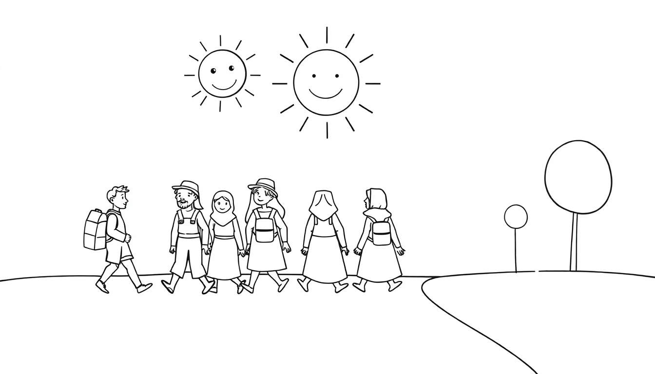 Página para colorear de peregrinos amigables caminando por un camino soleado, con dos soles sonrientes y árboles circulares, estilo de dibujo lineal en blanco y negro.