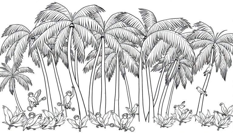 Placa de color de un paisaje tropical con cocoteros, monos y pájaros.