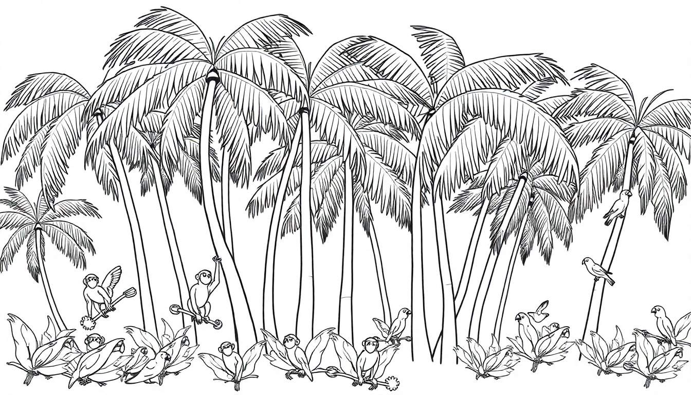 Placa de color de un paisaje tropical con cocoteros, monos y pájaros.