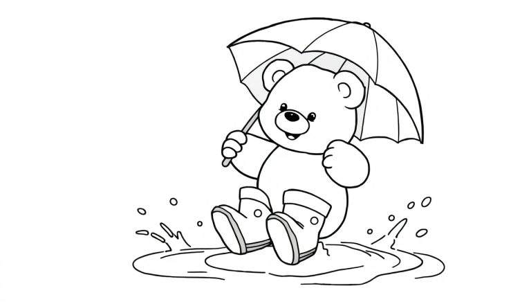 Placa de color: Oso de peluche tierno jugando bajo la lluvia con botas y paraguas.