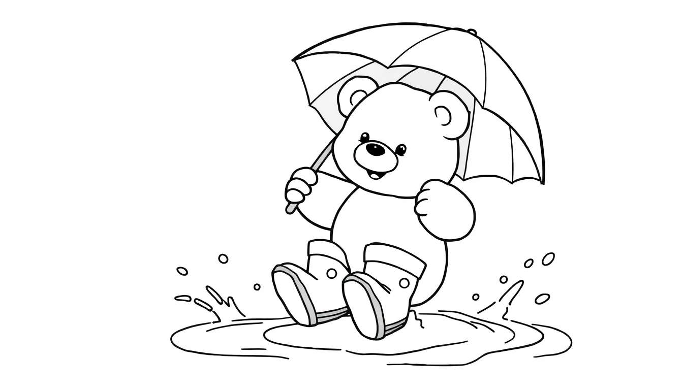 Placa de color: Oso de peluche tierno jugando bajo la lluvia con botas y paraguas.