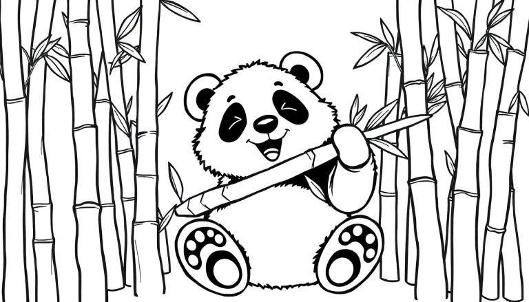 Placa de color de un oso panda sonriente comiendo bambú en un bosque de bambú.
