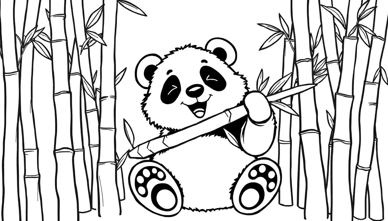 Placa de color de un oso panda sonriente comiendo bambú en un bosque de bambú.