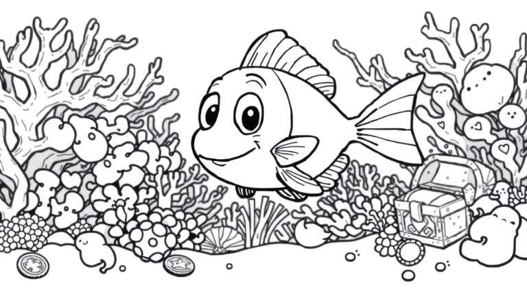 Un pececito sonriente nada hacia el espectador en una placa de color submarina de contorno blanco y negro, rodeado de corales y un cofre del tesoro.