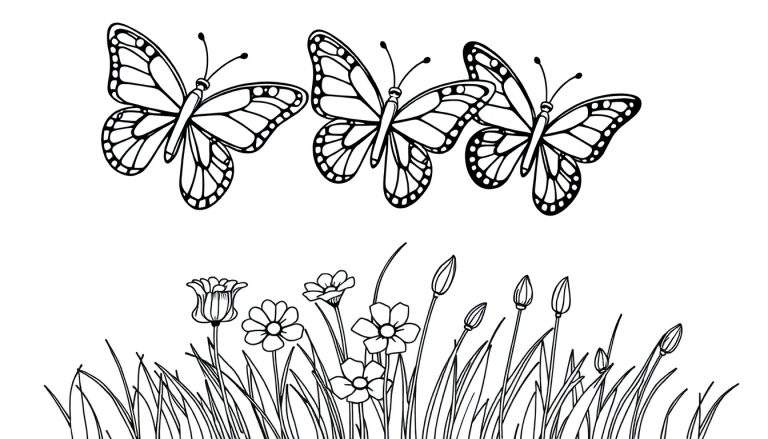 Una placa de color en blanco y negro de tres mariposas con alas detalladas revoloteando sobre un prado de flores y hierba.
