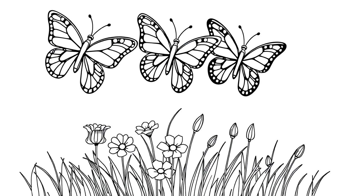 Una placa de color en blanco y negro de tres mariposas con alas detalladas revoloteando sobre un prado de flores y hierba.