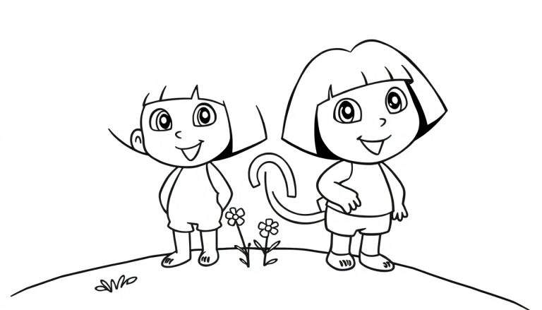 Dora la Exploradora y Boots, una página para colorear en blanco y negro con contornos.