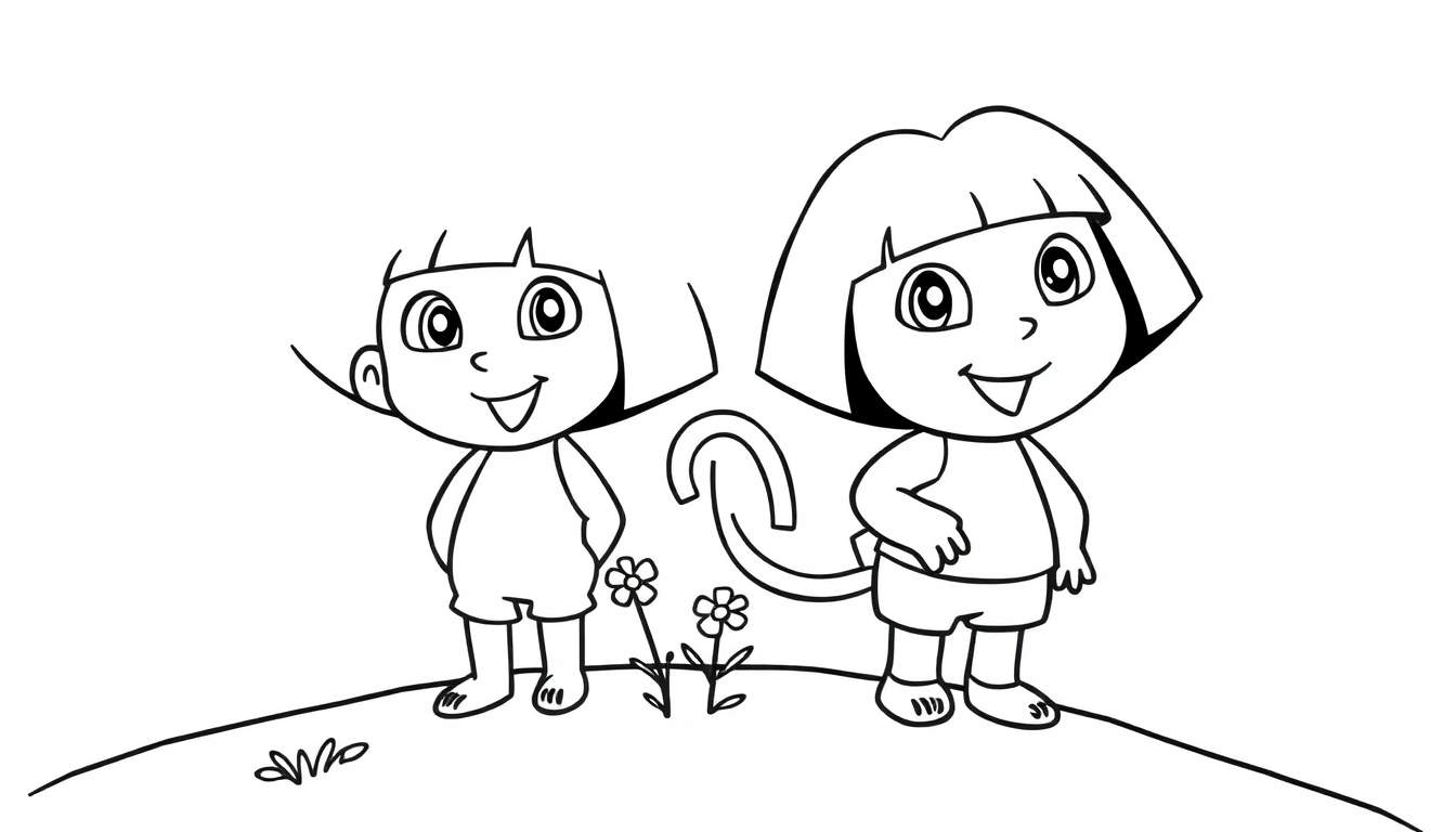 Dora la Exploradora y Boots, una página para colorear en blanco y negro con contornos.