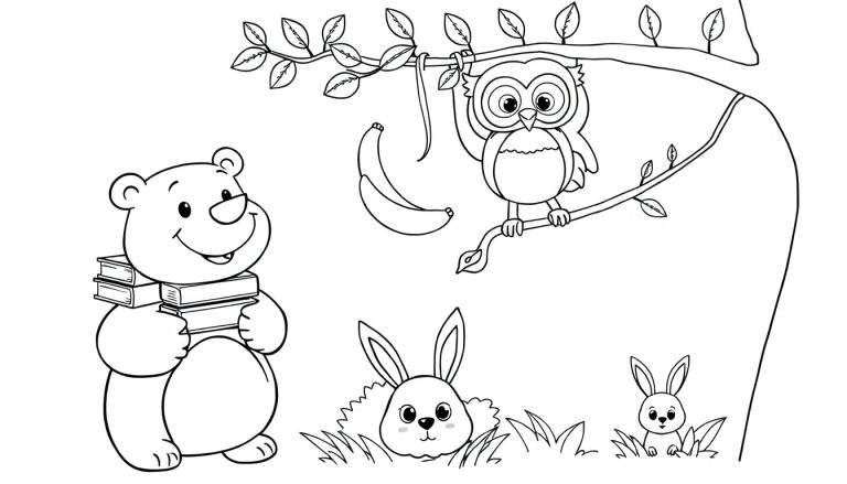 Página para colorear de un oso con libros, conejos en la hierba, un búho en un árbol y un plátano, todo en blanco y negro.