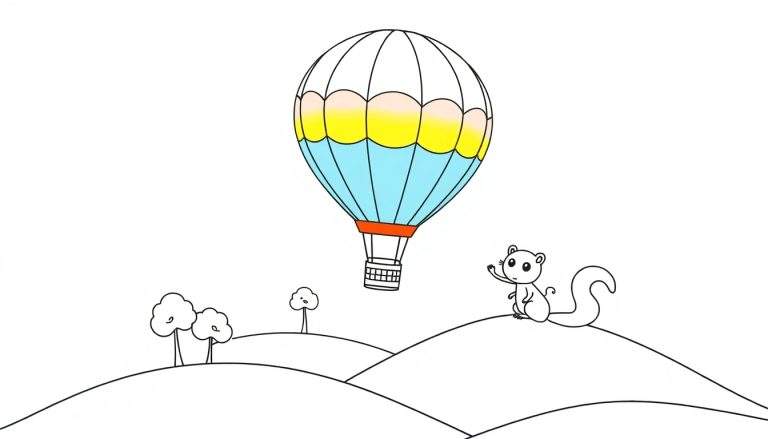 Dibujo de un paisaje para colorear con una ardilla saludando, dos árboles y un globo aerostático, listo para añadirle color con la placa de color.