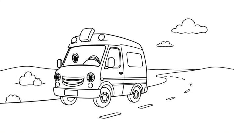 Caricatura de ambulancia amigable con grandes ojos y barra de luces, lista para ser coloreada.