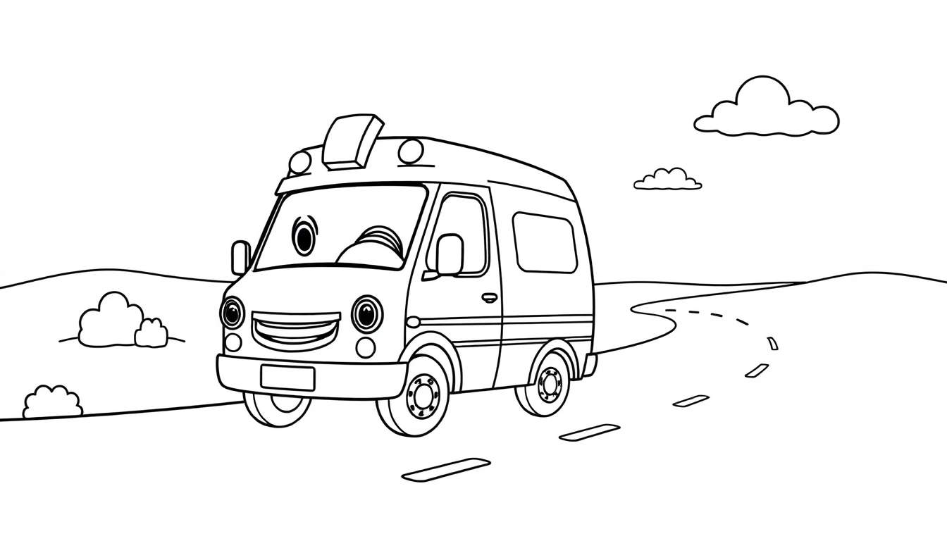 Caricatura de ambulancia amigable con grandes ojos y barra de luces, lista para ser coloreada.