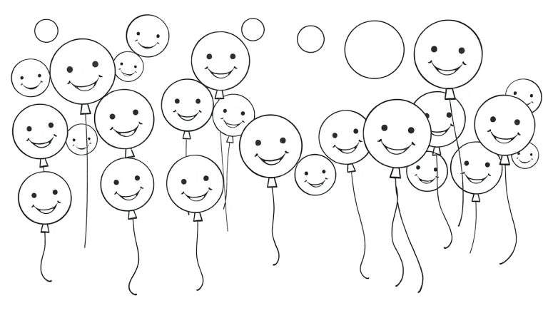 Globos sonrientes en una página para colorear en blanco y negro.