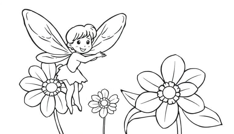 Dibujo lineal de un hada jugando entre flores, lista para colorear en la placa de color.