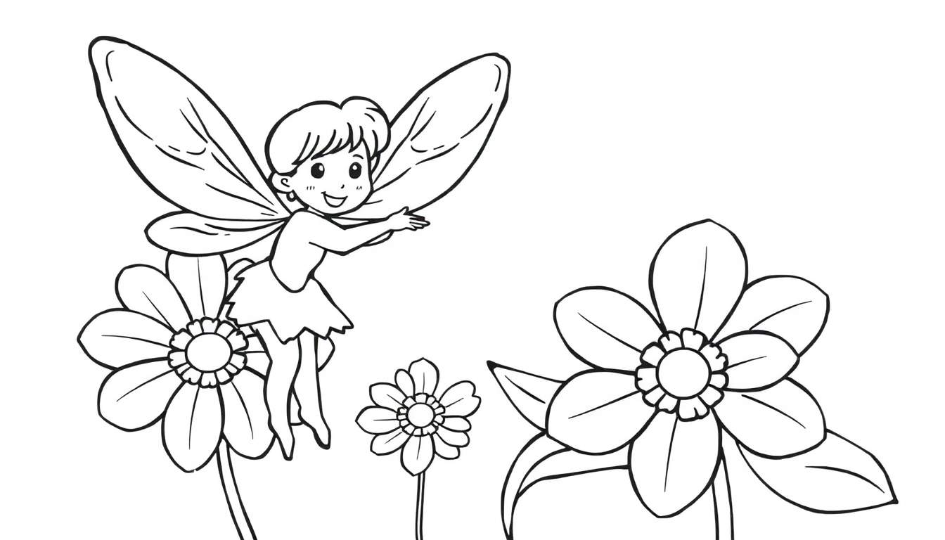 Dibujo lineal de un hada jugando entre flores, lista para colorear en la placa de color.
