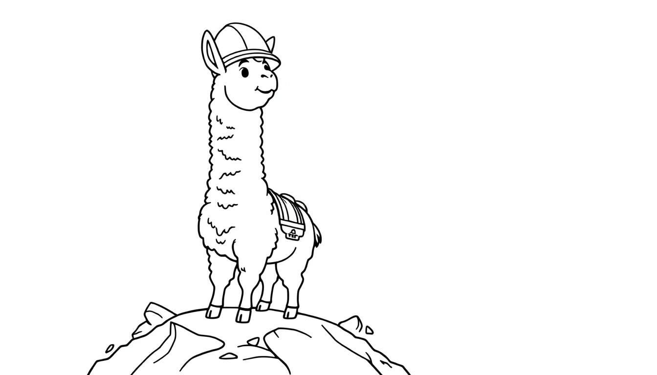 Llama de Fortnite con casco, lista para la aventura, página para colorear.
