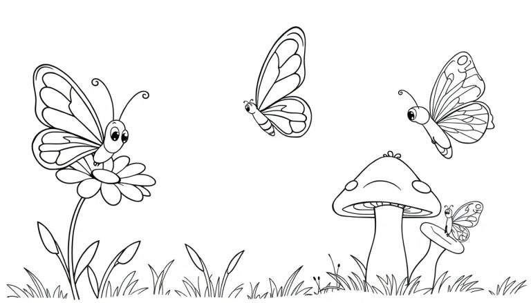Página para colorear de mariposas y hongos, lista para la placa de color.