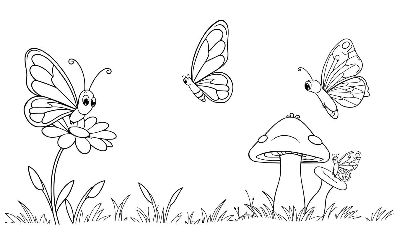Página para colorear de mariposas y hongos, lista para la placa de color.