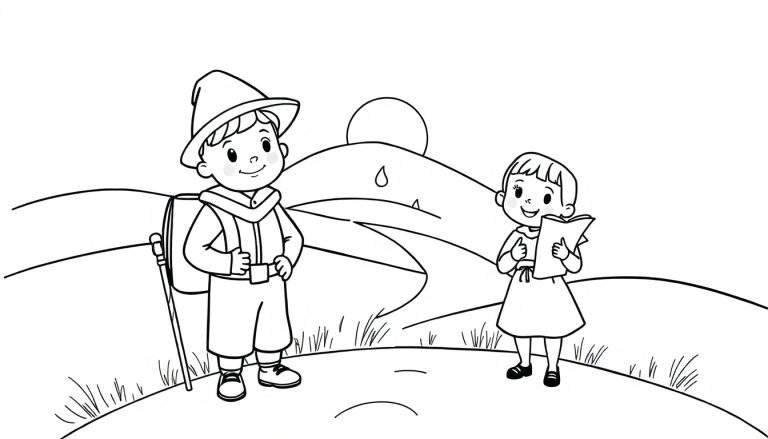 Dos niños caminando por un camino rural con una placa de color, uno con sombrero y bastón, el otro con un libro.