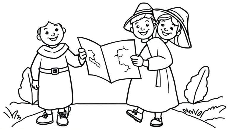 Página para colorear en blanco y negro de peregrinos sonrientes mirando un mapa, con la palabra 'placa de color' incorporada.
