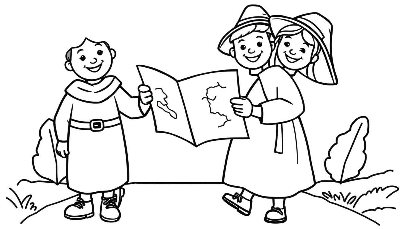 Página para colorear en blanco y negro de peregrinos sonrientes mirando un mapa, con la palabra 'placa de color' incorporada.