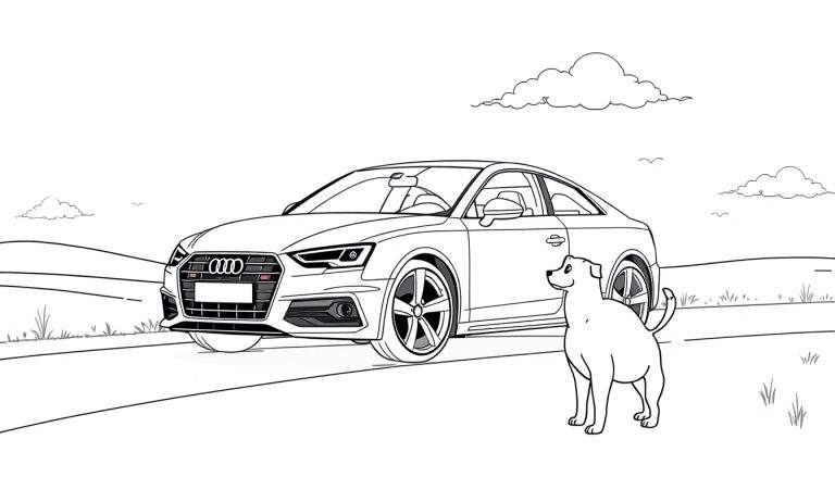 Placa de color de un coche Audi y un perro en un campo.