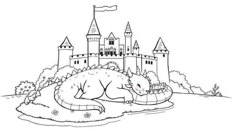 Placa de color: un castillo de cuento de hadas con un dragón amigable dormido en el foso.