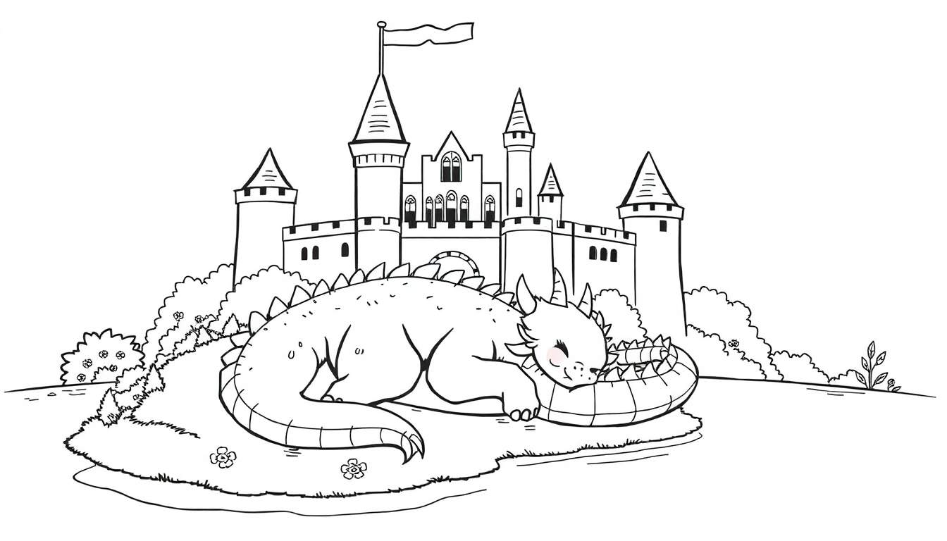Placa de color: un castillo de cuento de hadas con un dragón amigable dormido en el foso.