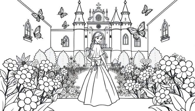 Una princesa sonriente en un jardín floreciente con su castillo en el fondo, lista para ser coloreada en esta placa de color.