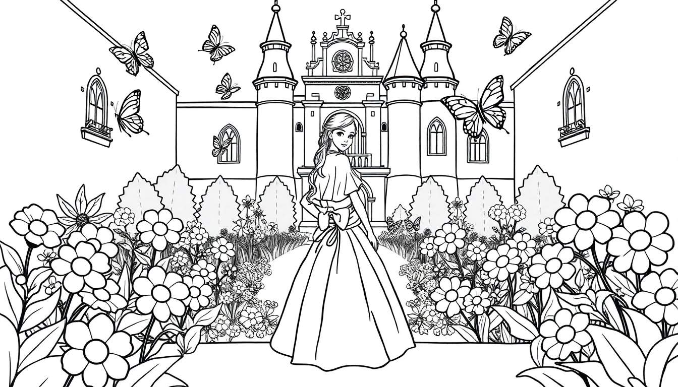 Una princesa sonriente en un jardín floreciente con su castillo en el fondo, lista para ser coloreada en esta placa de color.