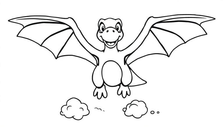 Un pterodáctilo amigable sonriendo, con alas extendidas, volando sobre nubes, para colorear en blanco y negro, ideal para una placa de color.