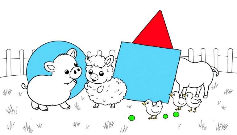 Una página para colorear en blanco y negro de animales de granja interactuando con formas de colores. Un cerdito blanco está junto a un círculo azul, una oveja blanca está junto a un cuadrado azul con un triángulo rojo y tres pollitos se dirigen hacia una vaca blanca sobre hierba verde. Hay una valla blanca al fondo.